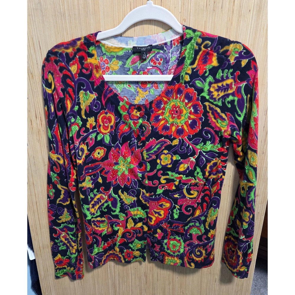 Talbots Petite Small Floral Paisley Button Front Cardigan‎ Sweater Multi Color